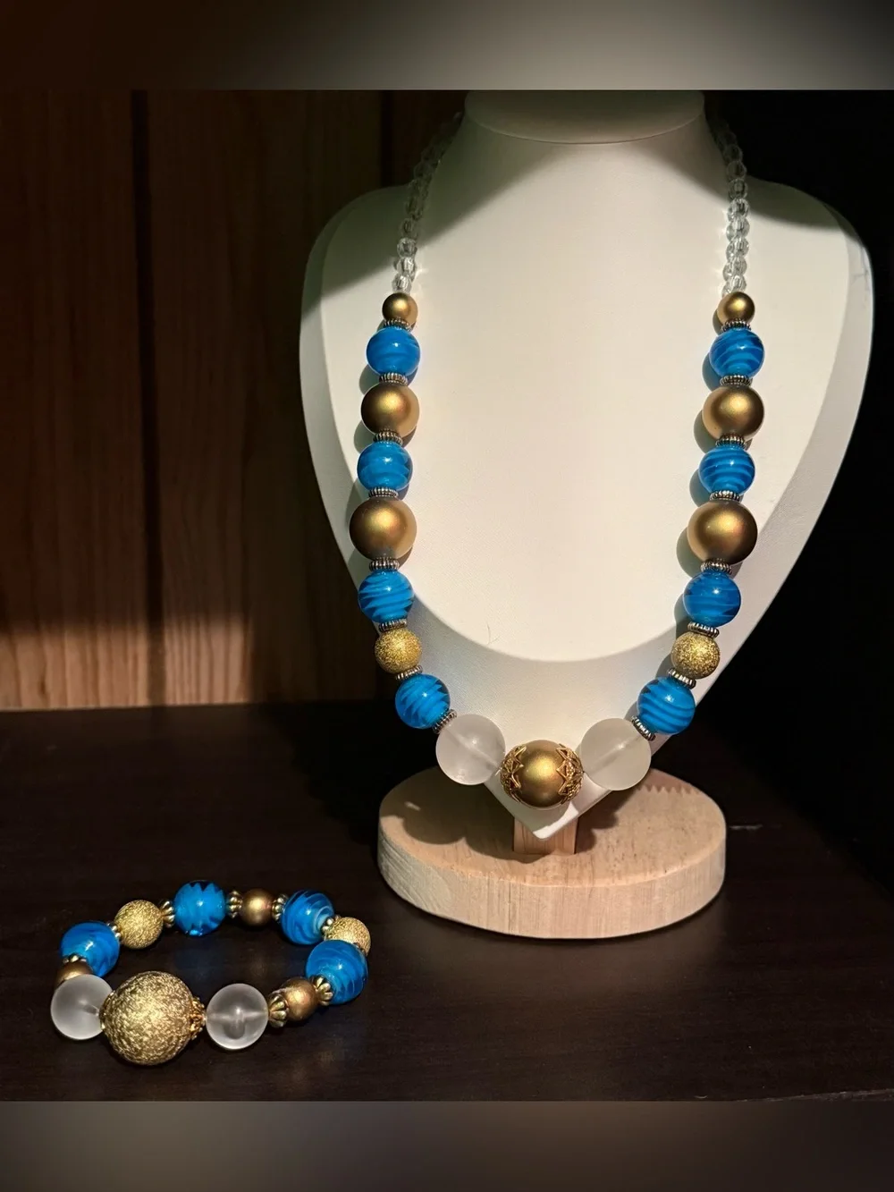 Handmade Blue Gold Beaded Statement Necklace & Bracelet Jewelry Set BTJ